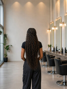 Woman with long braided hair standing in a modern hair salon