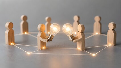 Obraz premium Knowledge transfer and collaborative innovation showing wooden figures exchanging glowing lightbulb ideas in team network