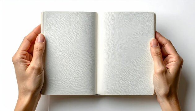 Person's hands hold open a blank, textured-cover notebook against a white background
