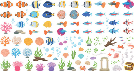 Tropical Aquarium Fish and Coral Reef Element Set with Clownfish Seaweed Sea Shells and Treasure Chest for Marine Life Infographics Kids Stickers and Aquarium Decor Designs © Md