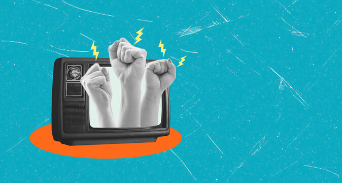 Art collage showing hands raised in fists inside a vintage television set on a bright blue background
