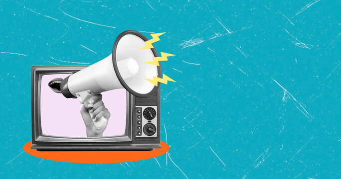 Art collage showing a hand holding a megaphone in front of a vintage television set on a bright blue background