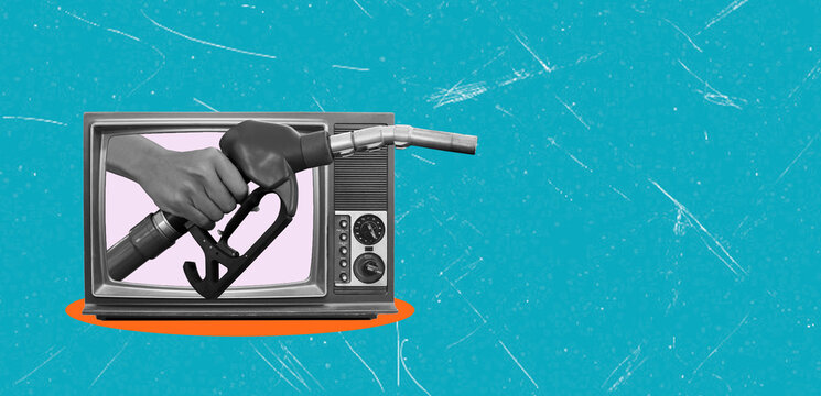 Art collage showing a hand holding a fuel nozzle in a vintage television set against a bright blue background