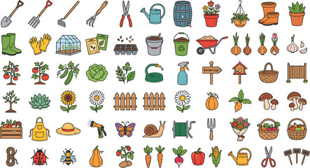 Gardening tools and farm agriculture vector icon set, cute colorful harvest objects isolated on white © Akramul