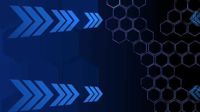 Abstract technology background with glowing arrows and hexagon pattern on dark dark gradient animation