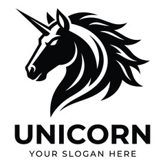Unicorn head logo with flowing mane and space for custom slogan icon © Anthony