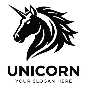 Unicorn head logo with flowing mane and space for custom slogan icon