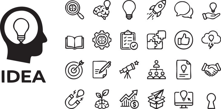 Creative collection of black and white vector line art icons representing business innovation strategy development and brainstorming mental thought processes