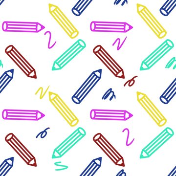 Seamless pattern neon-colored pencil doodles on white background.  Playful school-themed for classroom materials, back-to-school designs, stationery, wrapping paper, textiles, wallpaper, textile 