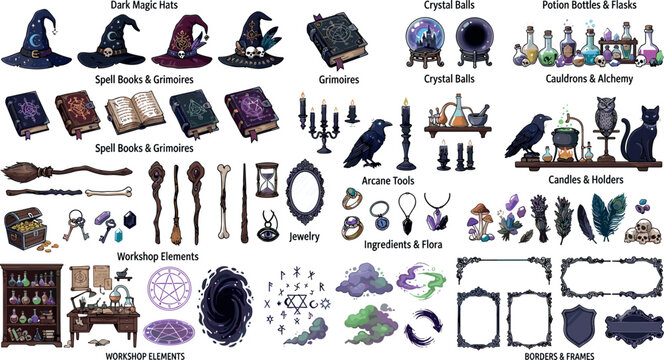 Witchcraft and Wizardry Magic Element Set Featuring Spell Books Potions Crystal Balls and Dark Magic Accessories for Halloween Scrapbooking RPG Games and Mystic Designs