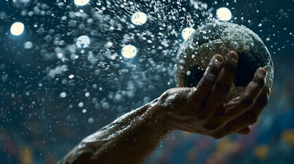 Fototapeta premium Hand gently cradles a glowing globe submerged in water. 64k 8k widescreen, HDR