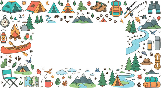 Camping and Outdoor Adventure Hiking Border Frame Template with Tents Campfires Mountains and Fishing Gear for Summer Camp Banners Tourism Brochures and Travel Guides