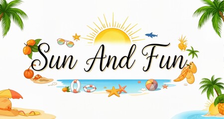 Naklejka premium Sun And Fun slogan handwritten with cursive calligraphic font and decorated by summer element 
