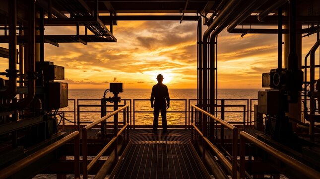 Silhouette of an offshore oil rig worker standing on a metal platform overlooking the ocean during a golden sunset with dramatic clouds and industrial machinery