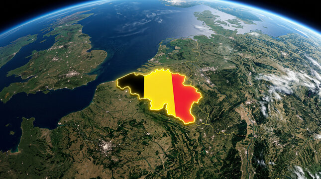 Satellite view of belgium with glowing national flag overlay from orbit