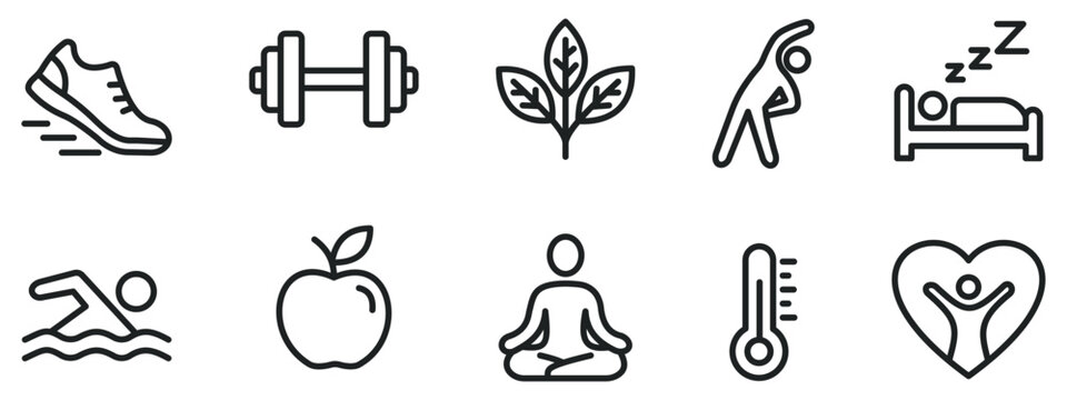 Healthy lifestyle outline icon set with fitness, wellness and nutrition symbols. Vector illustration.