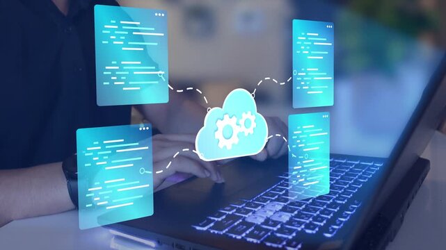 Cloud native development. Programmer developing applications for cloud computing. 