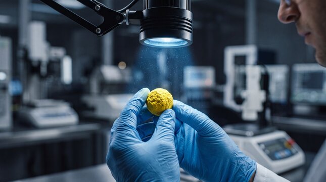 Scientist in blue gloves examining a small yellow organic sample under a bright laboratory microscope light for detailed scientific research and analysis