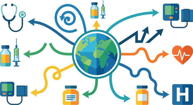 World map centralizes diverse healthcare services and diagnostic tools linked by directional arrows.
