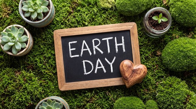 Earth Day concept with a small chalkboard sign, wooden heart, and various green succulents and moss plants on a lush green moss background for ecology