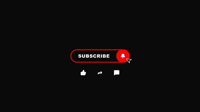 Subscribe button with bell notification icon and engagement symbols clicking on black background overlay animation