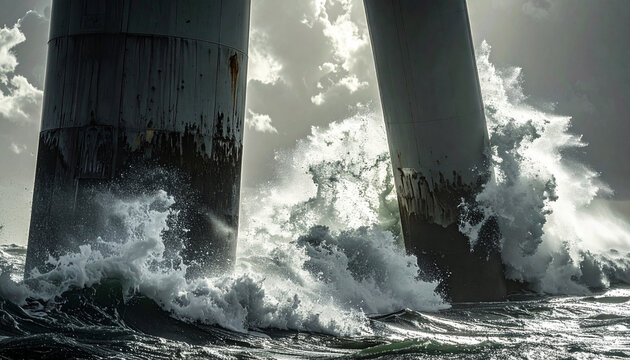 Ocean's Fury: Colossal pillars stand firm against the relentless assault of crashing waves, a dramatic display of nature's raw power and enduring strength.