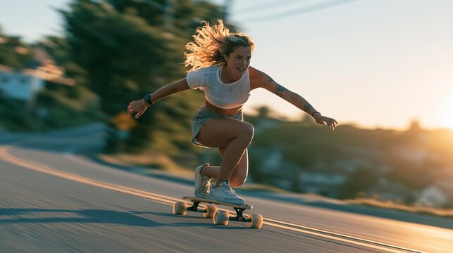 Young woman longboarding down a coastal road at sunset with wind in her hair