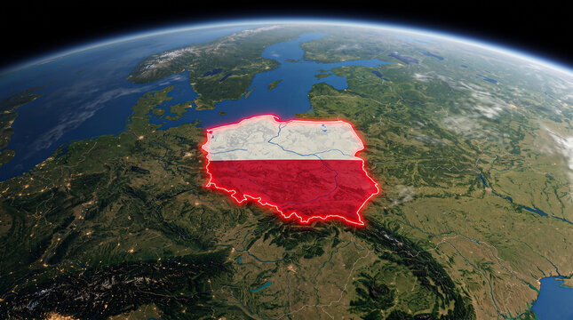 Poland map with national flag design viewed from space satellite geography