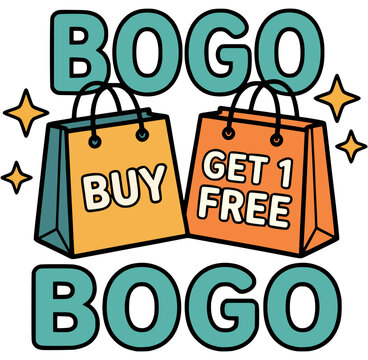 Cartoon flat outline vector badge featuring 'BOGO' text with colorful shopping bags. Clean line art for e-commerce buy one get one free promotion and sale banner.