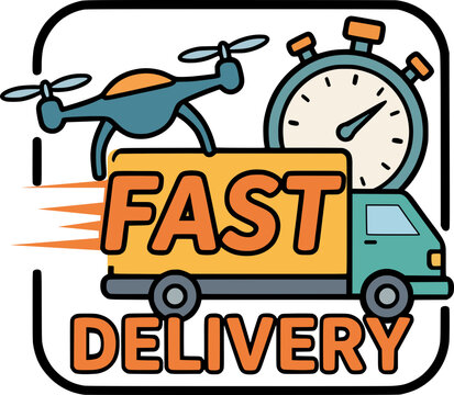 Cartoon flat outline vector badge featuring 'FAST DELIVERY' text with a shipping truck, drone, and stopwatch. Clean line art for e-commerce logistic and promo banner.