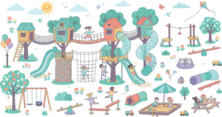 Naklejka premium Cute Kids Playground and Treehouse Park Element Set Featuring Cartoon Children Slides Swings Sandbox and Backyard Play Equipment for Nursery Stickers and Childcare Graphic Designs