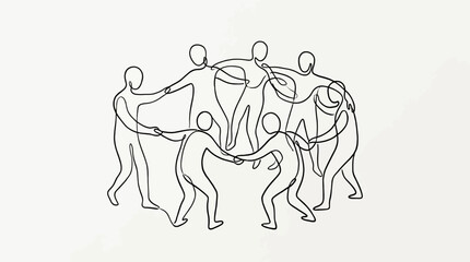 Obraz premium A continuous line drawing of a diverse group of people holding hands in a circle.
