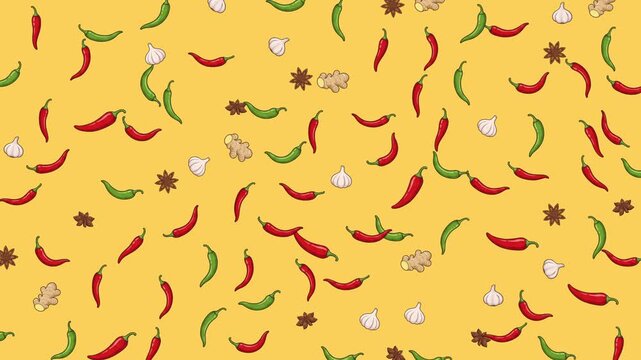 Recipe pattern animation featuring red green chili peppers garlic ginger and star anise.