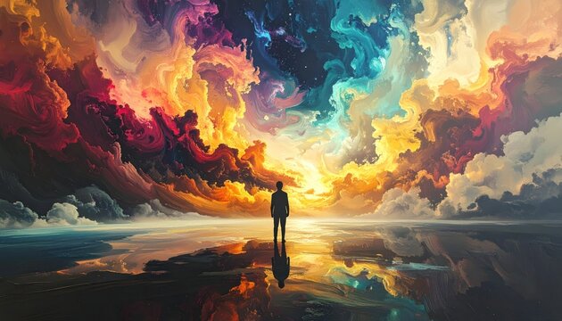A solitary figure faces a vibrant, swirling cosmic vista of clouds reflected on a watery surface