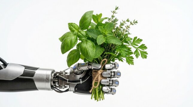 Robotic hand holding fresh green basil herbs isolated on white background