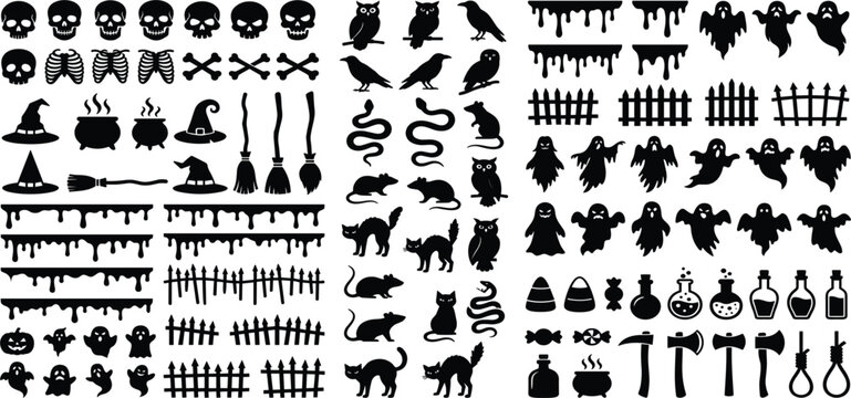 Spooky Halloween Silhouette Element Vector Set with Creepy Ghost Skull Witch Hat Cauldron Raven Cat and Graveyard Cemetery Fence Icons