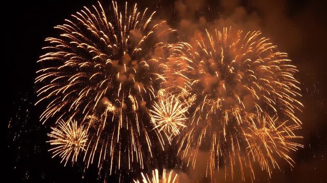 Golden fireworks explode in a dark night sky, illuminating the darkness with their brilliant patterns and trails.