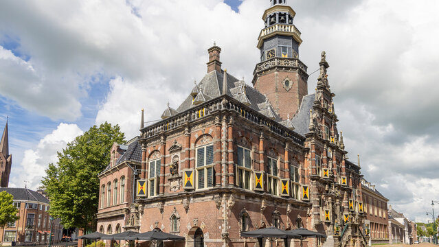 Historic town hall facade in Bolsward, Friesland, Netherlands showcasing Dutch Renaissance architecture and cultural heritage