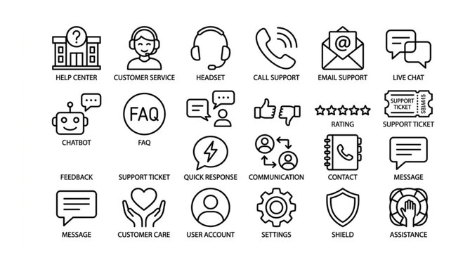 Customer Service and Support Outline Icon Collection with Helpdesk Online Chat Feedback and Call Center Thin Line Vector Set