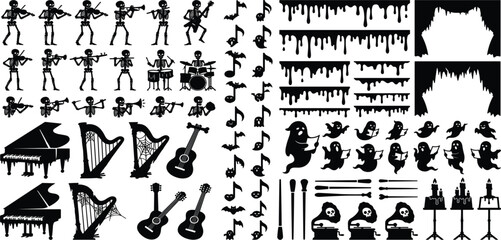 Spooky Halloween Musical Silhouette Vector Set with Skeleton Band Ghost Choir Piano Guitar Harp Notes and Creepy Dripping Border Elements © MdSirazul
