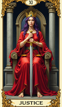 Justice tarot card illustration, majestic woman holding a sword on a throne, fantasy legal artwork