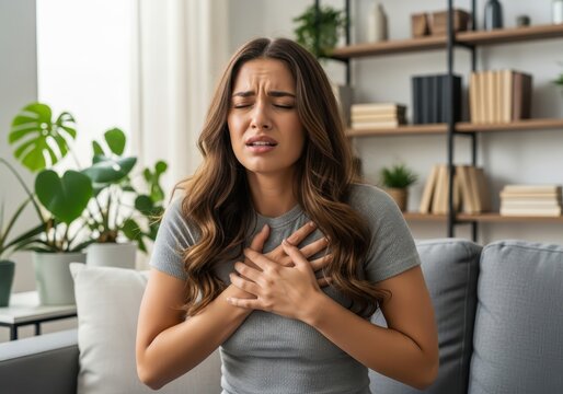 Young Woman Suffering from Severe Chest Pain or Heart Attack Symptoms While Sitting on Sofa at Home