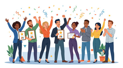 Obraz premium Diverse group celebrating success, holding awards, confetti falling