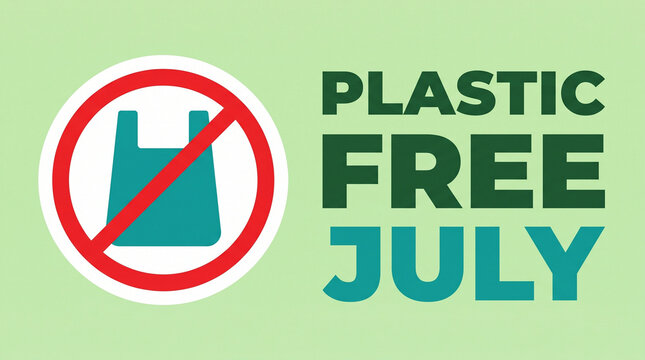 Plastic Free July environmental awareness banner, zero waste movement concept with no plastic bag sign, eco-friendly lifestyle campaign graphic