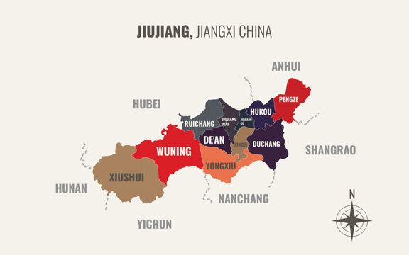 jiujiang jiangxi Prefacture into County in a minimalist colorful style map showing
