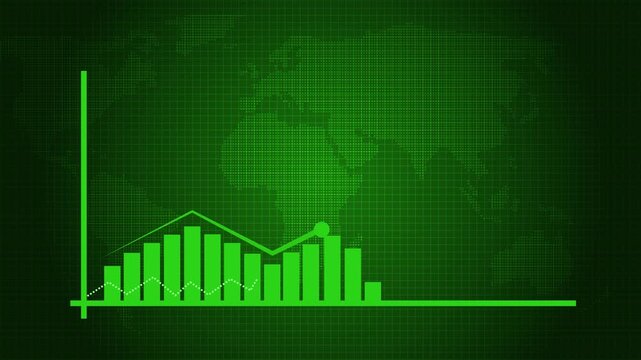 Business growth financial bar chart and line graph world map background, showing business growth data analysis animation