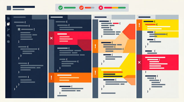 Vector code comparison editor interface displaying git diff version control merge conflict resolution