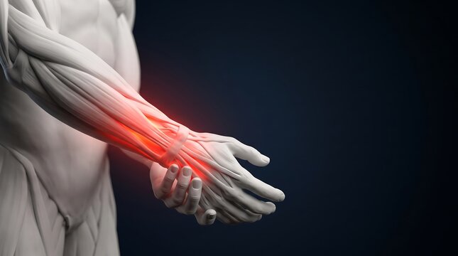 3D rendering of a human arm showing muscles and bones with a red glow indicating pain or inflammation in the wrist and forearm.