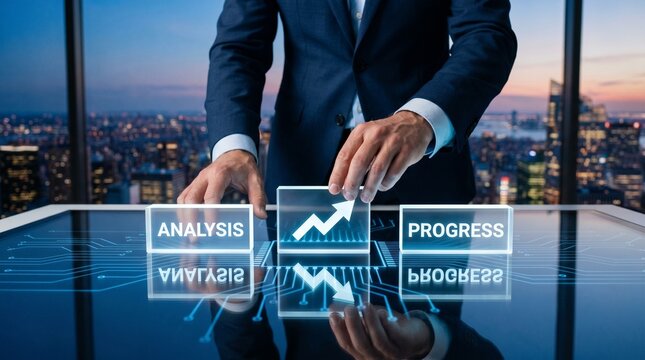 Futuristic business analytics interface glowing on a desk displaying analysis and progress tracking metrics operated by a professional executive for corporate strategy and growth optimization