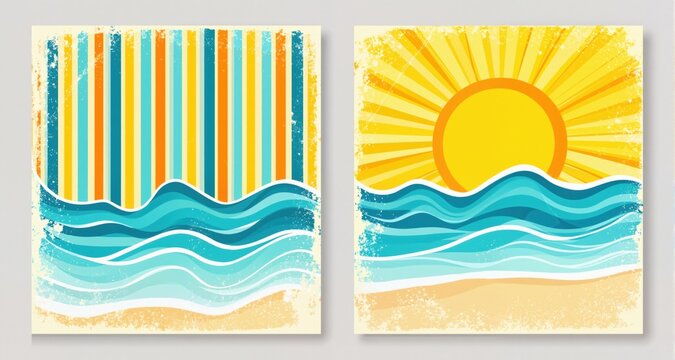 Vector summer posters with grunge textures. Summer striped and wavy patterns, sun, beach.
